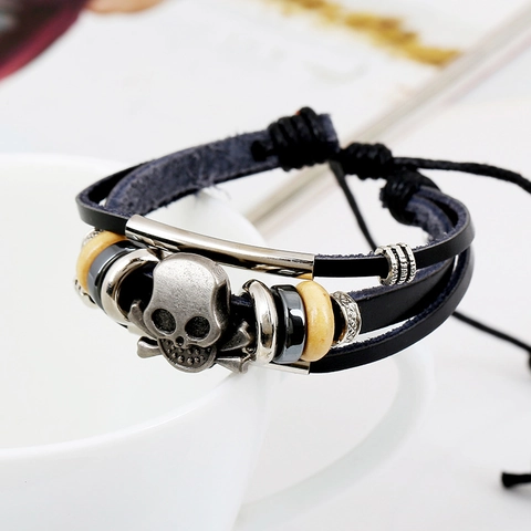 Punk Retro Teschio Pelle Intrecciata Braccialetto Per Uomo Donna Regolabile Multistrato Lega Legno Perline Polsino Gioielli