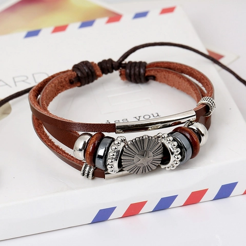Vintage Multilayer Genuine Leather Bracelet For Men Women Handmade Woven Alloy Star Charm Wrap Bracelet Bohemian Jewelry