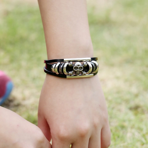 Pulsera de Cuero de Vaca Multicapa Punk Vintage Con Calavera Para Hombre Mujer Trenzada Ajustable Aleación Estilo Biker