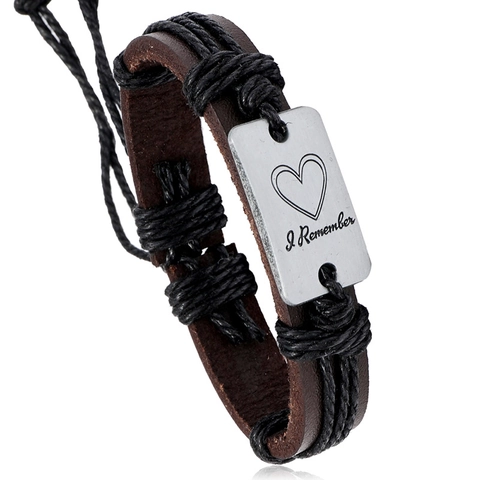 Vintage Men Braided Leather Bracelet With Heart I Remember Metal Plate Adjustable Hemp Rope Cord Men Jewelry Gift