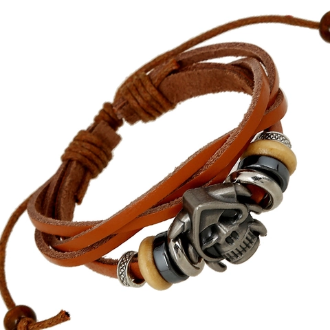 Pulsera de Cuero Punk Vintage para Hombres Mujeres Colgante de Calavera de Aleación Retro Tejido Ajustable Joyería Regalo