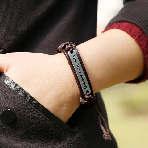 Vintage Multi-layer Braided Cowhide Leather Bracelet For Men Women Retro Alloy Are You Ready Lettering Adjustable Wristband