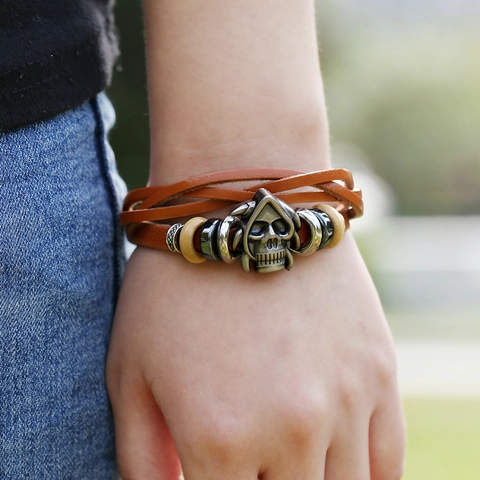 Pulsera de Cuero Punk Vintage para Hombres Mujeres Colgante de Calavera de Aleación Retro Tejido Ajustable Joyería Regalo