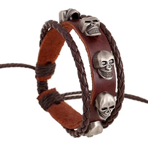 Vintage Punk Rindsleder Armband Für Damen Herren Antiksilber Legierung Totenkopf Anhänger Geflochtenes Seil Verstellbarer Modeschmuck