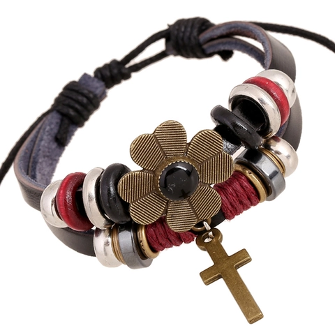 Braccialetto Vintage Multistrato in Pelle per Uomo Donna Punk Intrecciato Croce Ciondolo Regolabile Fatto a Mano Gioielli