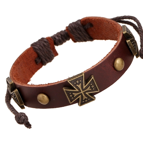 Vintage Leder Geflochtenes Armband Für Damen Herren Legierung Kreuz Anhänger Verstellbares Rindsleder Punk Stil Schmuck