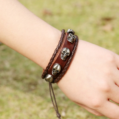 Vintage Punk Rindsleder Armband Für Damen Herren Antiksilber Legierung Totenkopf Anhänger Geflochtenes Seil Verstellbarer Modeschmuck