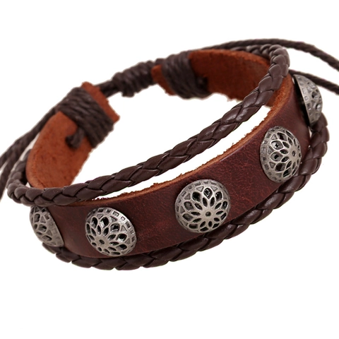 Pulsera de Cuero Genuino Trenzado Vintage Hombre Mujer Varias Capas Ajustable Dije de Aleación Hueco Punk Bohemio Joyería