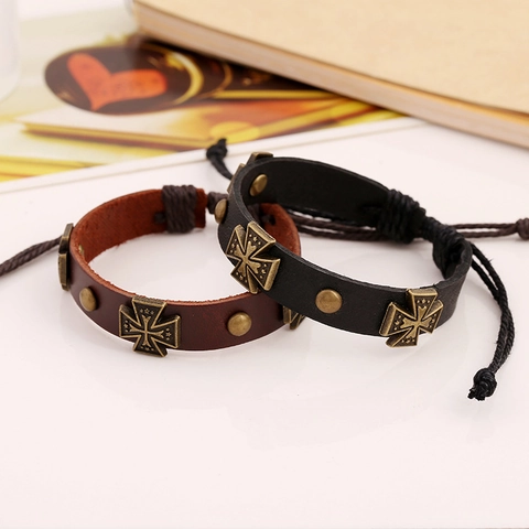 Vintage Leder Geflochtenes Armband Für Damen Herren Legierung Kreuz Anhänger Verstellbares Rindsleder Punk Stil Schmuck