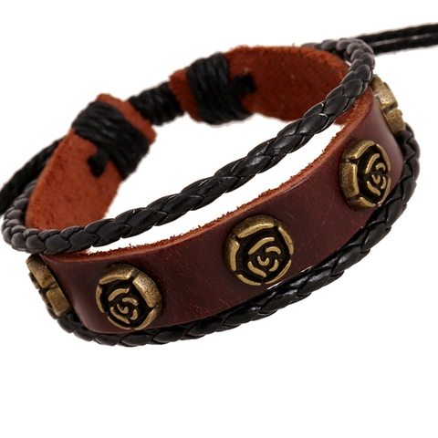 Pulsera de Cuero Multicapa Retro Remaches de Aleación de Flor de Rosa Bronce Trenzada a Mano Punk Pulsera Ajustable Hombre Mujer