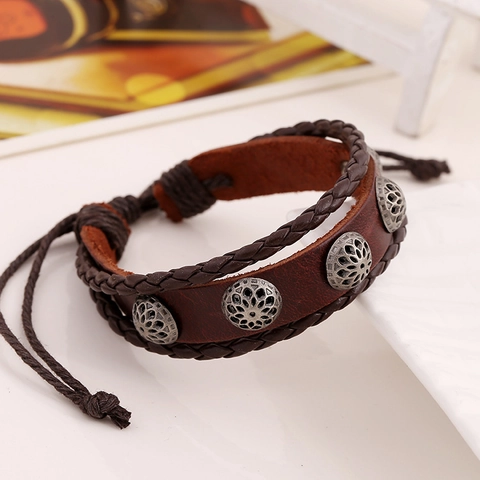 Pulsera de Cuero Genuino Trenzado Vintage Hombre Mujer Varias Capas Ajustable Dije de Aleación Hueco Punk Bohemio Joyería