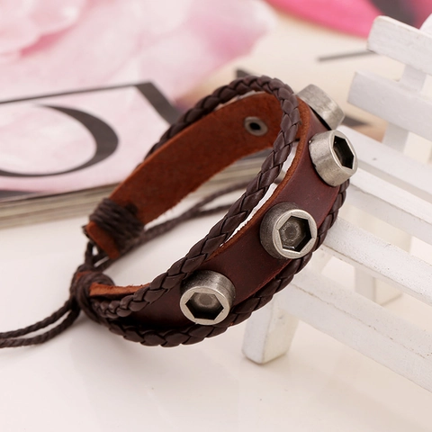 Pulsera de Cuero Genuino Vintage para Hombre Estilo Punk Industrial Decoración de Tuerca Hexagonal Cuerda Trenzada Ajustable