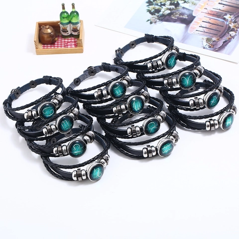 Bracciale in Pelle a 12 Segni Zodiacali Intrecciato a Mano Retro Punk Bracciale in Pelle di Vacchetta Multistrato per Uomo Donna