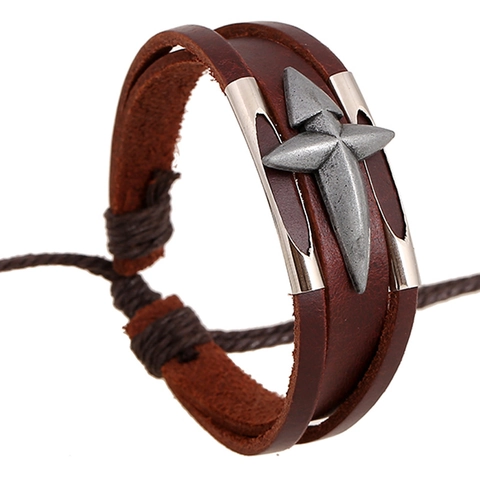 Bracciale in Pelle di Vacchetta Multistrato Vintage Punk Ciondolo Crocifisso in Lega Polsino Intrecciato Regolabile per Gioielli di Moda Unisex