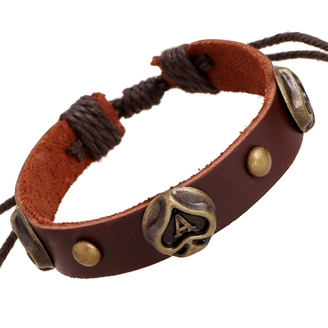 Bracciale Vintage Punk in Pelle di Vacchetta per Donna Uomo Corda Intrecciata Regolabile Ciondolo Metallo Picche A Rivetto Bronzo Gioielli