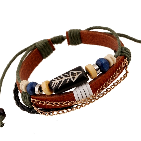 Vintage Fishbone Beaded Multilayer Leather Bracelet For Men Women Bohemian Adjustable Braided Cowhide Bracelet Punk Jewelry