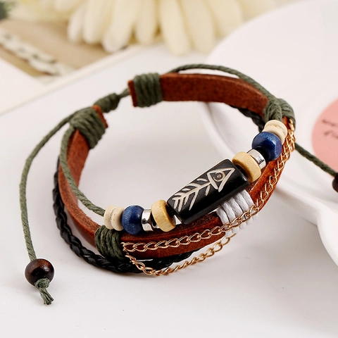 Vintage Fishbone Beaded Multilayer Leather Bracelet For Men Women Bohemian Adjustable Braided Cowhide Bracelet Punk Jewelry