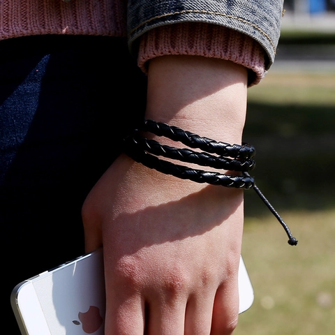 Vintage Punk Multilayer Braided Artificial Leather Bracelet With Wax Thread Metal Rivets Unisex Casual Wristband Jewelry