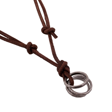 Retro Herren Punk Stil Legierung Dreifach Ineinandergreifende Ringe Anhänger Braun Echtleder Kordel Halskette Schmuck Geschenk Unisex
