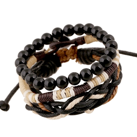 Set 3 Pezzi Bracciale in Pelle Intrecciata Uomo Retrò Con Perle di Vetro Corda di Canapa Regolabile Boho Gioielli a Strati