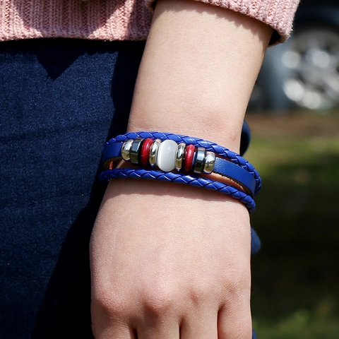 Vintage Punk Multilayer Woven Cowhide Leather Alloy Bracelet For Men Boys Ethnic Style Handmade Wristband Jewelry Gift