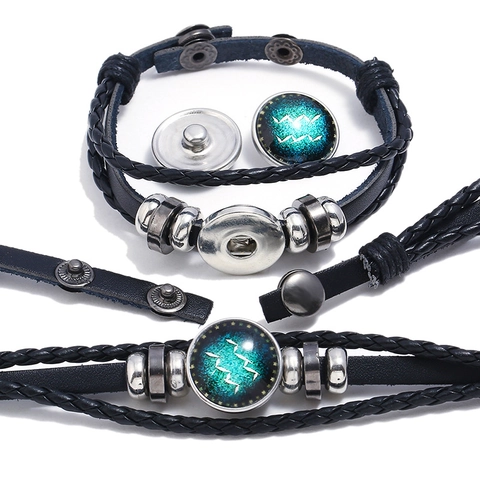 Bracciale in Pelle a 12 Segni Zodiacali Intrecciato a Mano Retro Punk Bracciale in Pelle di Vacchetta Multistrato per Uomo Donna