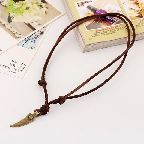 Collar de Cuerda de Cuero Retro para Hombre Ajustable Largo con Colgante de Diente de Aleación Joyería Vintage Estilo Tribal
