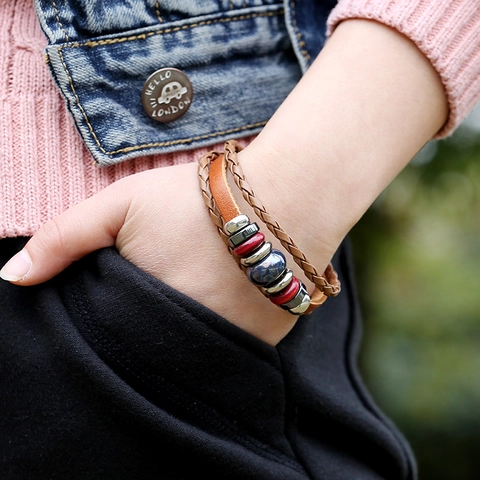 Handmade Multi-layer Woven Cowhide Leather Bracelet Retro Alloy Geometric Beads Punk Style Bracelet Jewelry For Men Women