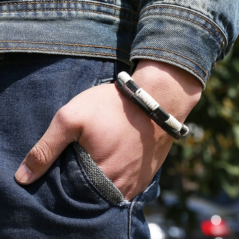 Herren Retro Geflochtenes Lederarmband Mehrlagig Rindsleder Gewebtes Hanfseil Legierung Schließe Punk Lässiges Armband Schmuck Geschenk