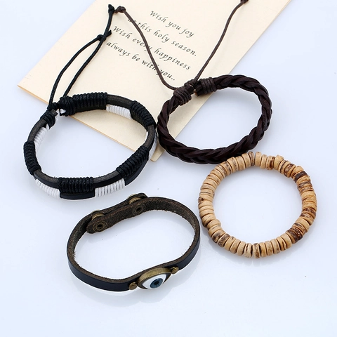 Retro Bohemian Cowhide Leather Bracelet Set For Men Alloy Evil Eye Charm Coconut Shell Wood Bead Braided Ethnic Jewelry
