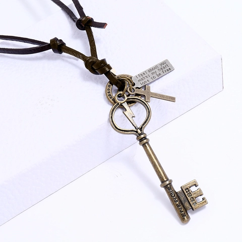 Vintage Punk Cowhide Leather Alloy Key Pendant Necklace For Men Women Antique Bronze Silver Cross Charm Long Cord Jewelry Gift