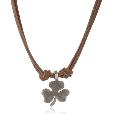 Vintage Unisex Handmade Cowhide Leather Rope Necklace Alloy Clover Pendant Distressed Finish Minimalist Retro Jewelry Necklace