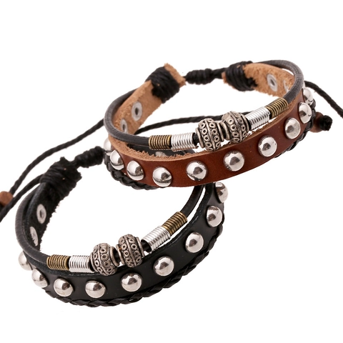 Vintage Punk Leather Rivet Beaded Adjustable Bracelet For Men Women Retro Multilayer Cowhide Alloy Jewelry
