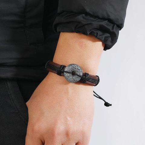Vintage Cowhide Leather Hand-woven Men Bracelet Alloy Tribal Totem Charm Adjustable Punk Boho Ethnic Jewelry Wristband Gift