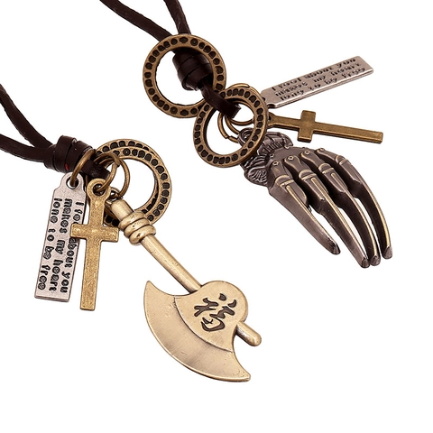 Collana in Vera Pelle e Lega Vintage per Uomo Donna Ciondolo Croce Ascia Palmo in Bronzo Antico Collana a Corda Lunga Regolabile Gioielli Retro Punk