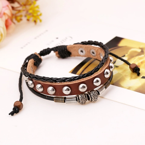 Vintage Punk Leather Rivet Beaded Adjustable Bracelet For Men Women Retro Multilayer Cowhide Alloy Jewelry
