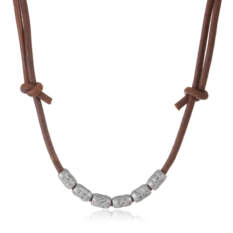 Collana in Pelle di Vacchetta Vintage per Uomo Regolabile Minimalista Ciondolo a Grani in Lega Gioielli Fatti a Mano Catena in Cordino