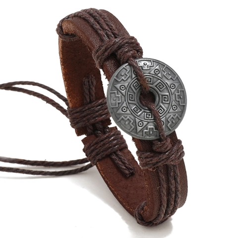 Vintage Cowhide Leather Hand-woven Men Bracelet Alloy Tribal Totem Charm Adjustable Punk Boho Ethnic Jewelry Wristband Gift