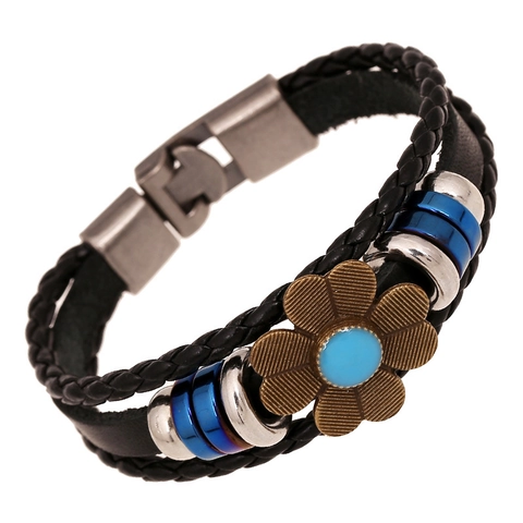 Vintage Punk Multilayer Woven Cowhide Leather Bracelet For Men Women With Antique Bronze Flower Artificial Pearl Metal Clasp