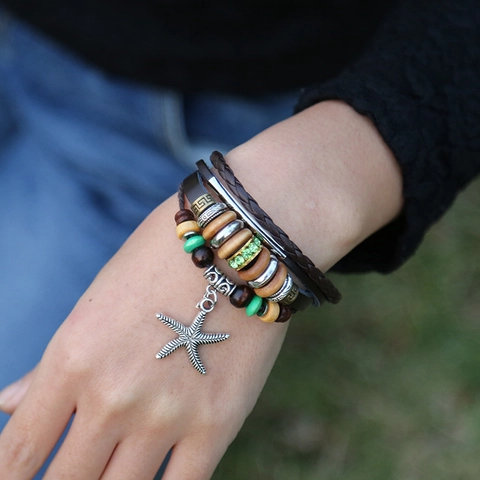 Vintage Mehrlagiges Lederarmband Für Damen Herren Handgewebtes Perlenarmband Mit Seestern-Anhänger Boho Ethno Schmuck