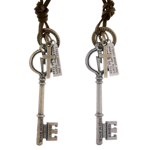 Vintage Punk Cowhide Leather Alloy Key Pendant Necklace For Men Women Antique Bronze Silver Cross Charm Long Cord Jewelry Gift