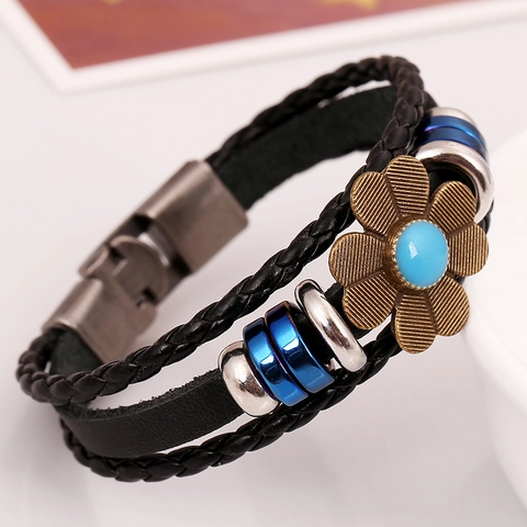 Vintage Punk Multilayer Woven Cowhide Leather Bracelet For Men Women With Antique Bronze Flower Artificial Pearl Metal Clasp