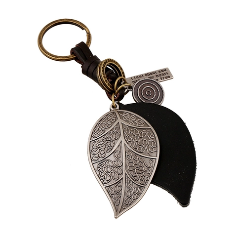 Retro Genuine Leather Leaf Keychain Alloy Braided Cowhide Bag Pendant Punk Style Vintage Keychain For Backpack Car Key Unisex