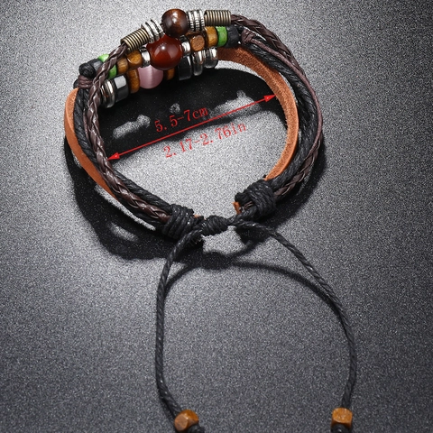 Vintage Handmade Multi-Layer Leather Bracelet Set With Wood Beads Bohemian Ethnic Adjustable Woven Cowhide PU Wrap Bracelet For Men Women