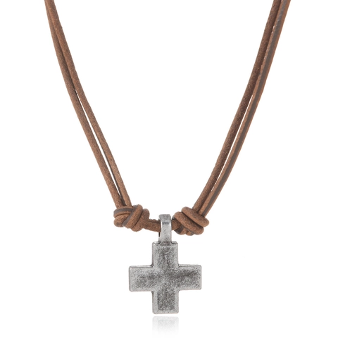 Retro Rundleer Kruis Hanger Halsketting Handgemaakte Legering Sieraden Voor Mannen Vrouwen Vintage Punk Stijl Geweven Koord