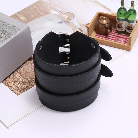 Vintage Men Punk Wide Cowhide Leather Bracelet With Iron Buckle Rivet Double Layer Adjustable Hip Hop Cuff Bangle Jewelry