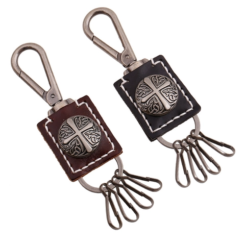 Portachiavi in Pelle di Vacca Vintage Punk Emblema a Croce Lega Multi Gancio Anello Chiave Retro Uomo Donna Accessori da Vita