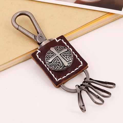 Portachiavi in Pelle di Vacca Vintage Punk Emblema a Croce Lega Multi Gancio Anello Chiave Retro Uomo Donna Accessori da Vita