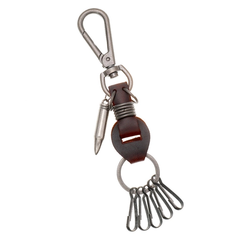 Portachiavi in Pelle Vintage per Uomo Ciondolo Proiettile Lega Argento Antico Portachiavi Industriale in Pelle con 6 Ganci