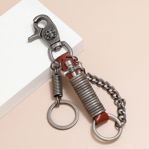 Punk Retro Skull Keychain Cowhide Leather Metal Cross Pendant Gothic Rock Style Key Ring Bag Hanging Ornament Gift For Men